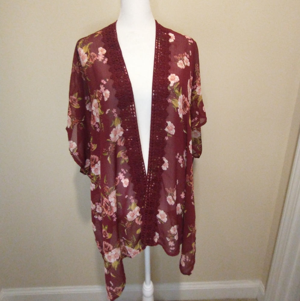 Jolt  Sheer Burgundy Floral Kimono Cardigan With Lace Embroidered Edges